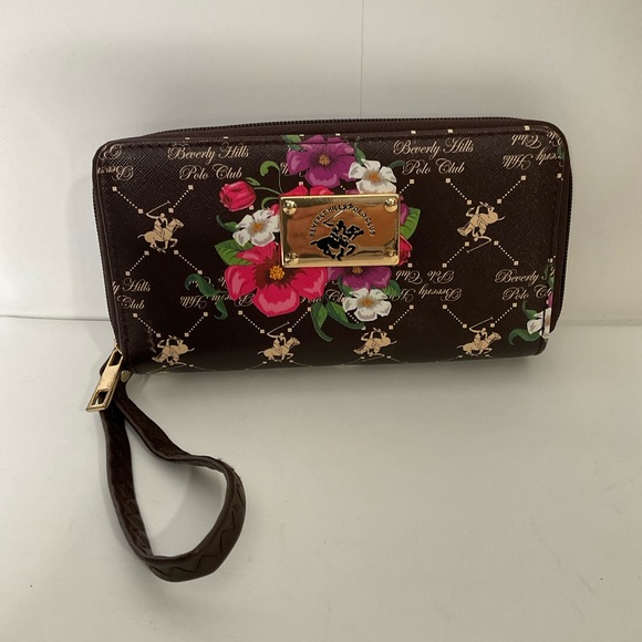 Beverly Hills Polo Club brown logo floral zip vegan leather wristlet wallet - Picture 14 of 14